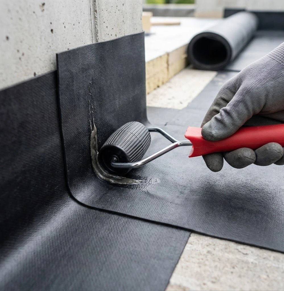 Zylindrische Andrückrolle 50 mm zum Verbinden und Abdichten von EPDM- oder Bitumen-Abdichtungsbahnen.