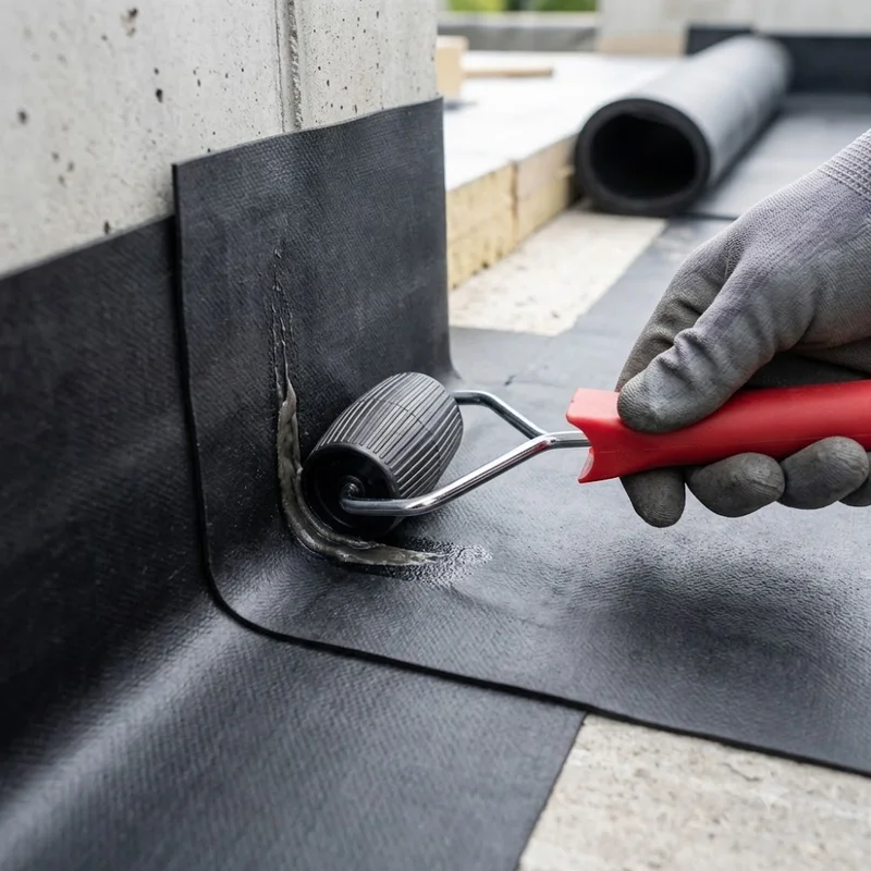 Zylindrische Andrückrolle 50 mm zum Verbinden und Abdichten von EPDM- oder Bitumen-Abdichtungsbahnen.