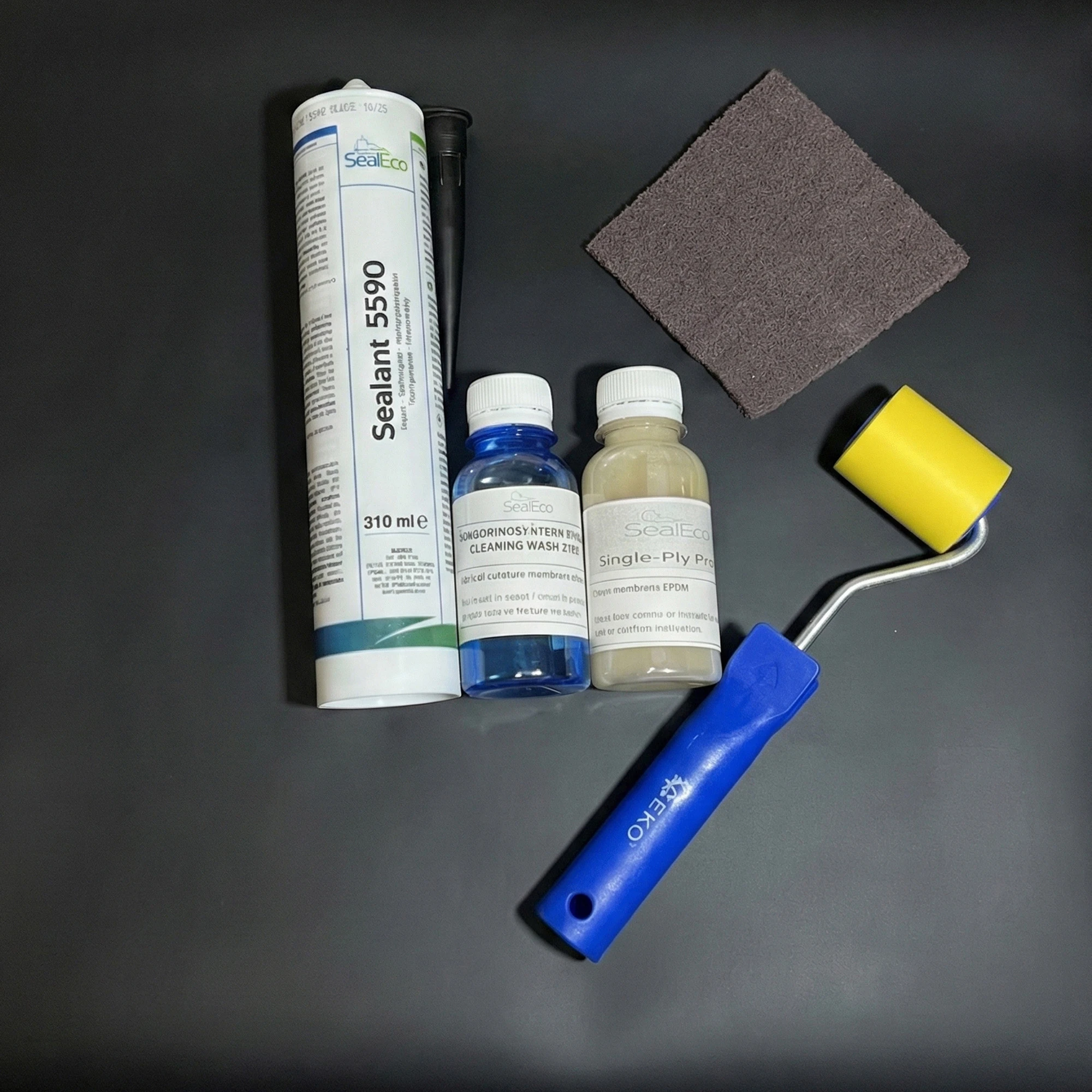 SealEco EPDM Reparaturset mit Dichtstoff 5590, Grundierung, Reiniger und Andrückrolle für Abdichtungsbahnen